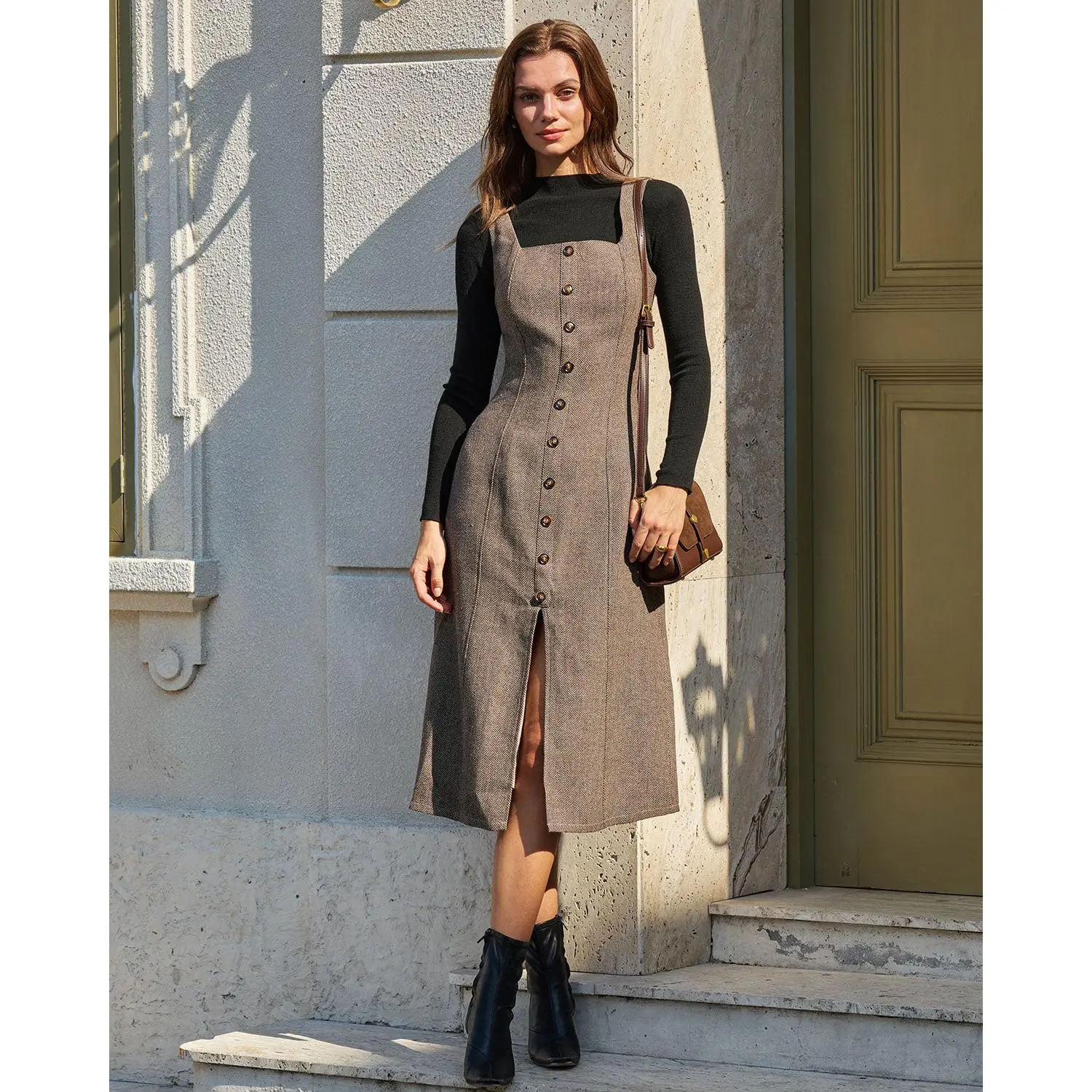 RIHOAS Women's Square Neck A-Line Midi Dress - Textured Polyester Fabric with Button Front Slit, Ready to Wear Office and Casual Wear, Office Wear, Corporate Attire Women