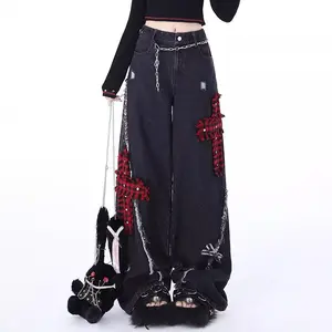 Women's Rock Punk Ripped Jeans, Spring New High-Waist Wide-Leg Pants, Loose Embroidered Floor-Length Denim, Drapey Casual Bottoms