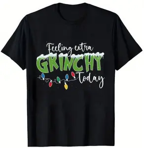 Festive Graphic T-Shirt "Feeling Grinchy Today" & Heart Print 100% Cotton Comfortable Medium Stretch Crew Neck Short Sleeve Casual Top For Men And Women