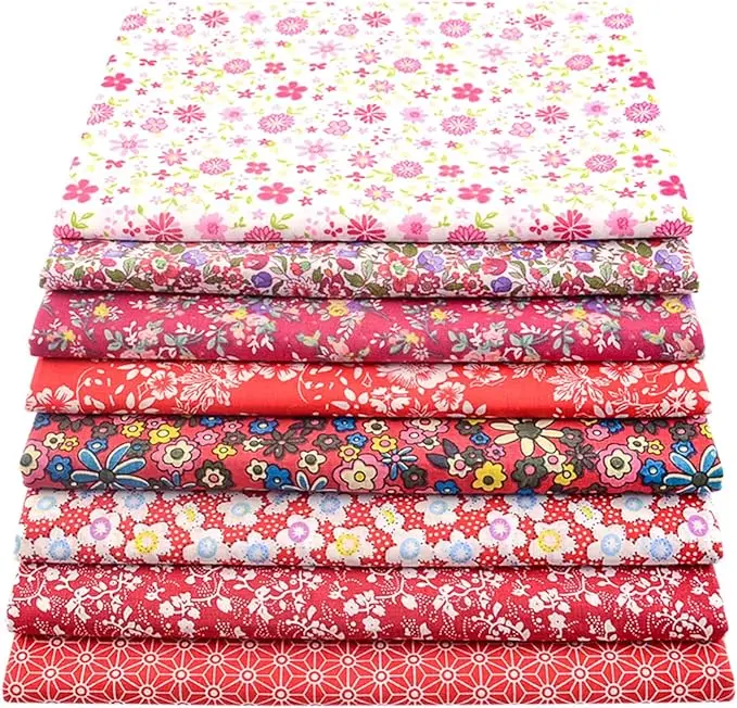 100% Cotton Fabric for Sewing-8 Pieces (20"x20"), Floral Cotton Craft Fabric, Bundle Squares Fabric, DIY Cloths Patchwork, Material for Quilting, Pre-Cut Quilting Fabric(Red)