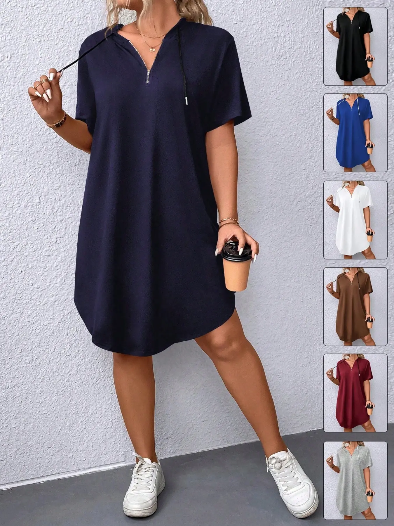 Women's Plus Size Hoodie Dress Half Zip V-Neck Drawstring Adjustable Fit Short Sleeve Tunic Curved Hem Flowy Casual Athletic Sports Activewear Daily Lounge Basic Trendy Summer