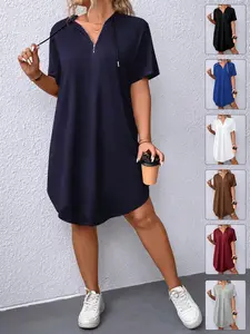 Women's Plus Size Hoodie Dress Half Zip V-Neck Drawstring Short Sleeve Tunic Curved Hem Flowy Casual Athletic Sports Activewear Daily Lounge Basic Trendy Summer