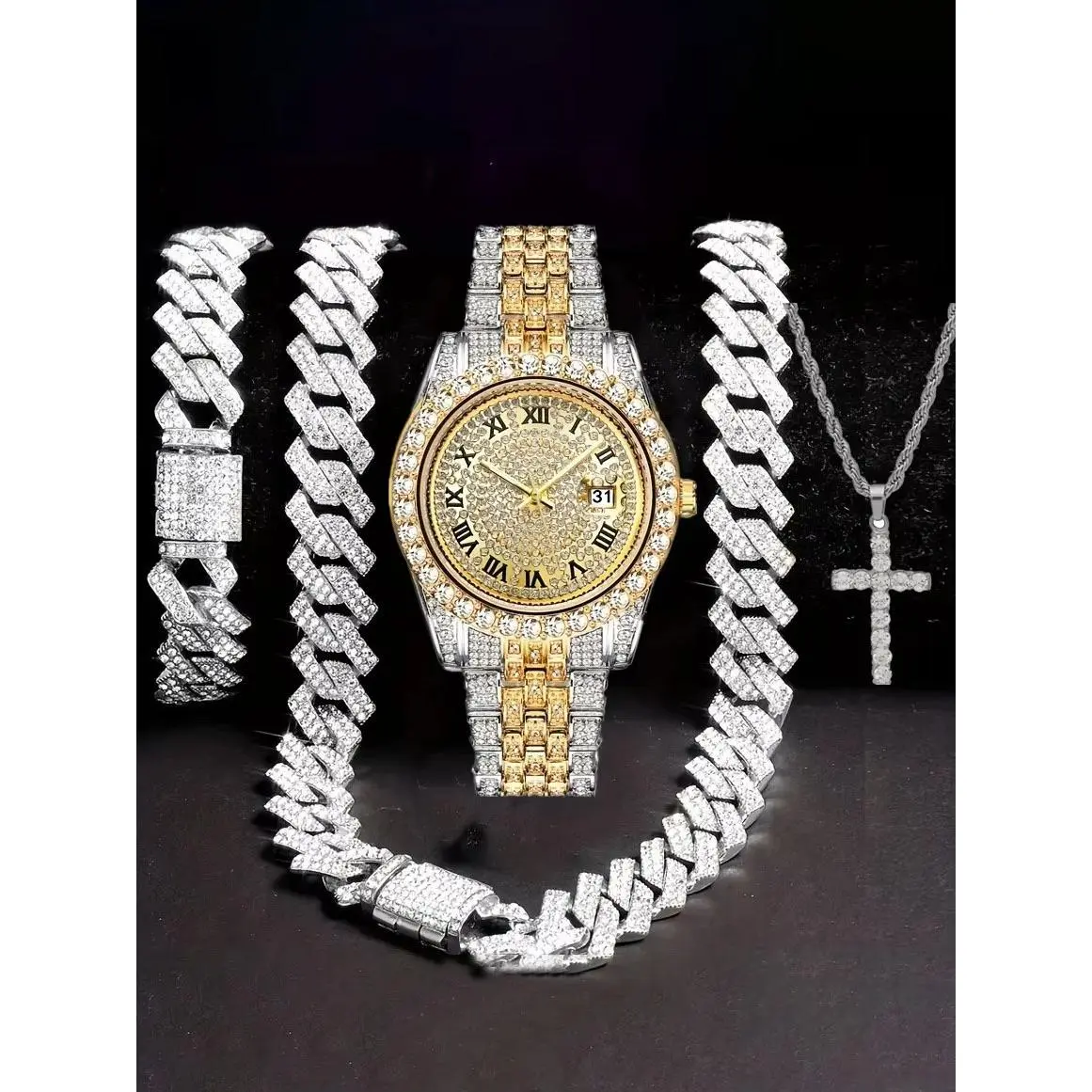 Gold Diamond Silver (Watch+Bracelet+Neck