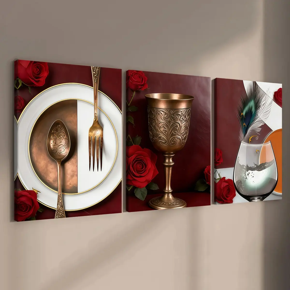 3-count wooden frame canvas, retro light luxury wine glass and tableware three-piece decorative poster, fashionable family poster, modern living room decoration, suitable for corridor and bedroom walls, waterproof art, Decorative Artwork, Vintage Wall Art