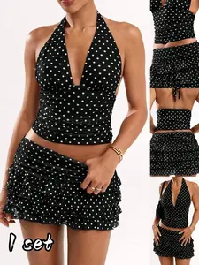 Women's Two-Piece Set, Womenswear Chic Sexy Polka Dot Print, Slim-Fitting Halter Top and Above Knee Ruffled Skirt, Perfect for Summer Beach, Travel, Party