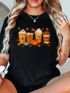 Cotton Unisex Graphic T-Shirt Coffee Pumpkin Latte Spice Coffee Love Fall Season Halloween T-Shirt Vintage Casual Shirt women's graphic tees