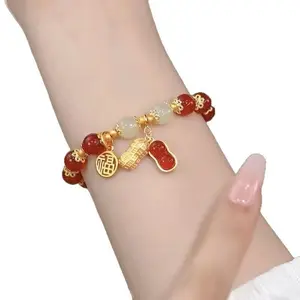 Women's Chinese Court-Style Lucky Peanut Bangle Bracelet, Electroplated with Red Beads and Gold Charms, 1pc Elegant Design, Ideal Mother's Day Gift