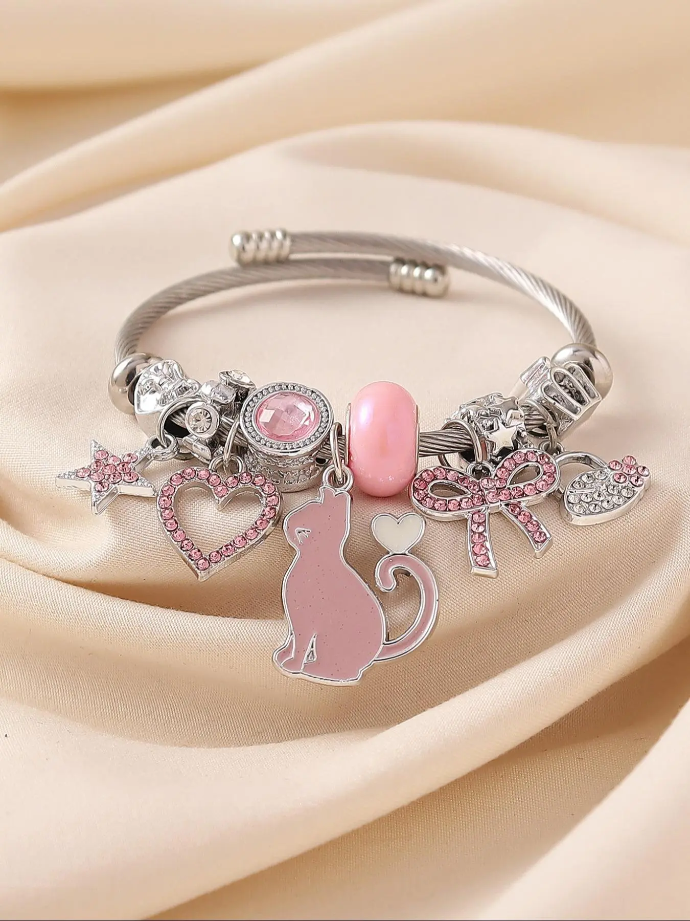 Cute Cat Design Charm Bracelet, Fashionable Jewelry for Women & Girls, Trendy All-match & Exquisite Jewelry for Birthday Gift, Trendy Bracelets Stack Bangle, Charms Bracelet, Bracelet with Pendant