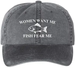 Women Want Me Fish Fear Me Embroidered Baseball Cap Funny Fishing Meme Angler Dad Hat