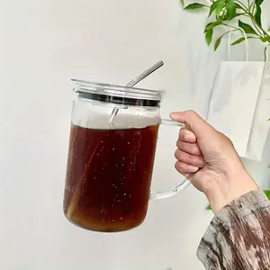 33.81oz Glass Cups with Lids and Straws, Large Glasses Drinking Set, Iced Coffee Cups with Lids Reusable Glass, for Home Office Use, Travel Accessories, Kitchen Accessories