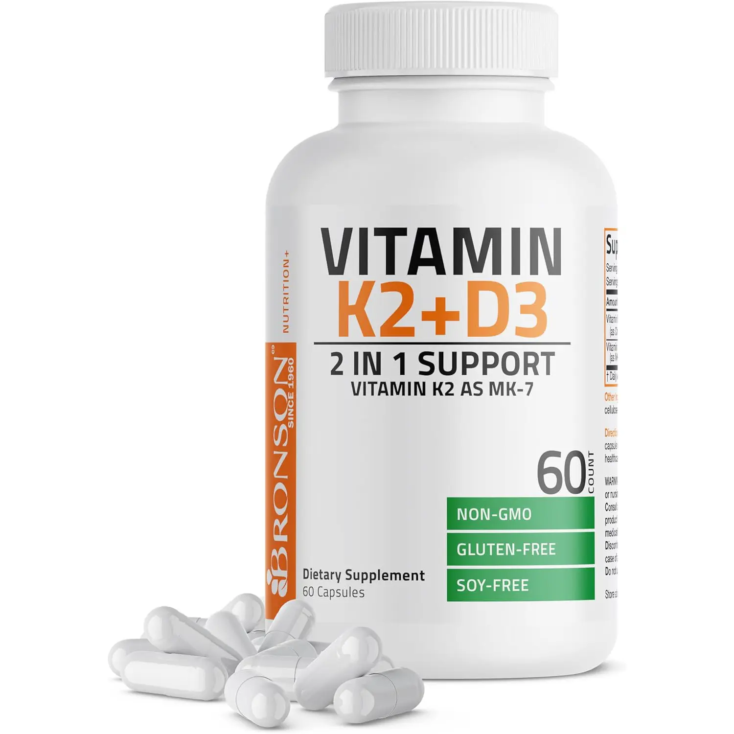 Bronson Vitamin K2 D3 (MK7) Supplement 2-in1 D3 & K2 Complex, 60 Capsules | Bone, Immune & Heart Health Support, Gluten Free, Soy Free, Non-GMO, Vitamin D3 5000IU (125 mcg) & 90 mcg K2 MK-7