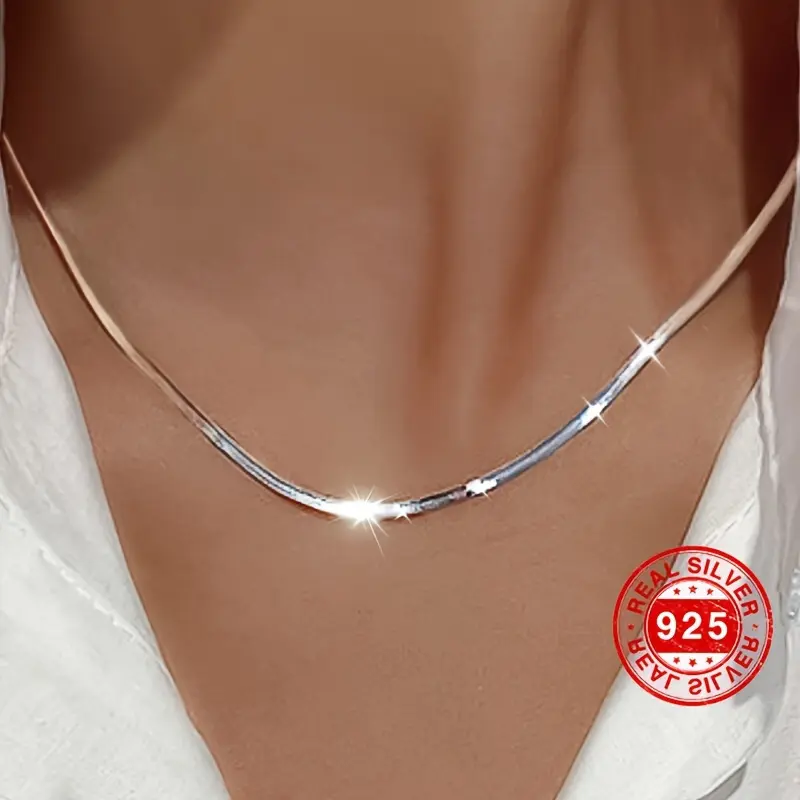 925 Sterling Silver Hypoallergenic Simple Flat Snake Bone Chain Necklace - Adults' Brilliant Blade Clavicle Chain, Anti-Oxidation, No Irritation, 0.18oz, Valentine Gifts, Gold Aesthetic, All Seasons Casual, Box-Included, Elegant Unisex, Unisex Names, No W