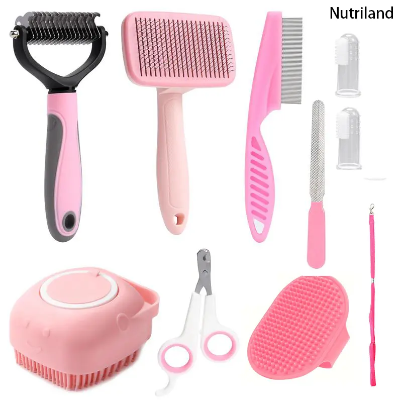10PCS Pet Grooming Kit for Dogs & Cats, Complete Grooming Supplies with Deshedding Brush, Nail Clippers, Toothbrush & Cleaning Tools for Long & Short Hair Pets
