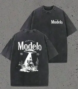 Modelo UFO Cowboy Graphic-Shirt – 230g Heavyweight Vintage Washed Cotton Retro Streetwear Tee With Cerveza Modelo Letter Print, UFO Western Cowboy Desert Scene Design, Y2K Oversized Casual Short Sleeve Men's Summer Fashion  Summervibes