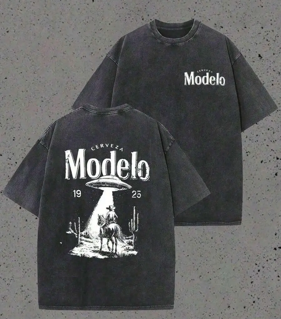 Modelo UFO Cowboy Graphic-Shirt – 230g Heavyweight Vintage Washed Cotton Retro Streetwear Tee With Cerveza Modelo Letter Print, UFO Western Cowboy Desert Scene Design, Y2K Oversized Casual Short Sleeve Men's Summer Fashion  Summervibes