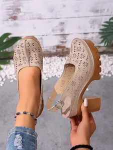 Summer women's lightweight high-heeled Fashion sandals, adjustable buckle women's shoes, comfortable PU hollow sandals, round headed solid color design