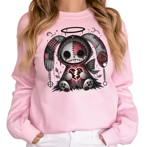 Broken Heart Plush Bunny Sweatshirt Goth Cute Skull Halo Medium-heavy 50/50 Cotton-Poly Blend Embroidered Options OEKO-TEX Certified