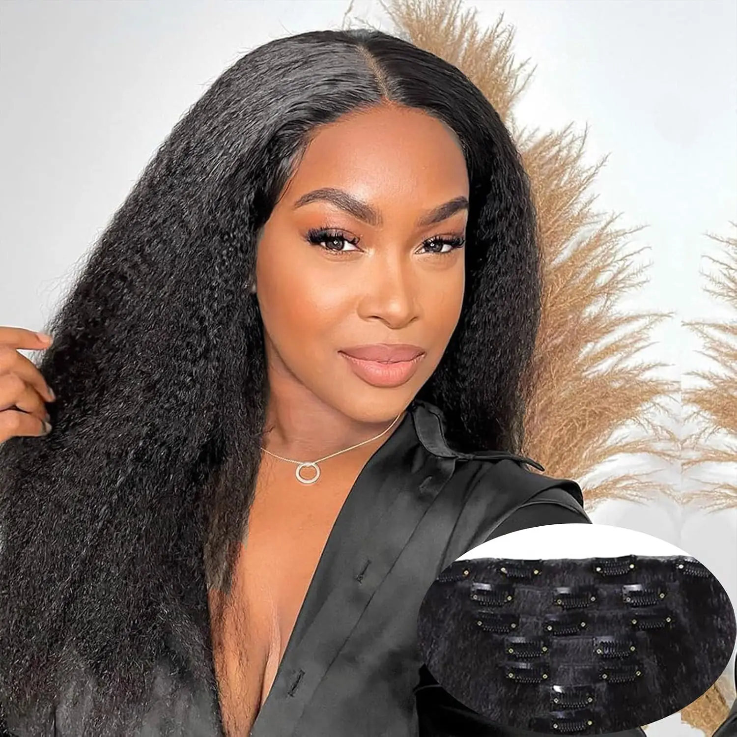 7pcs Kinky Straight Clip in Hair Extensions for Black Women Full Head Coverage Yaki Straight Clip Ins Synthetic Hair Extensions 12 Inch to 26 Inch Black   Clip in Hairpiece
