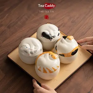 Cat Shape Ceramic Sealed Jar, Mini Moisture-Proof Storage Container, Desktop Decoration & Organization