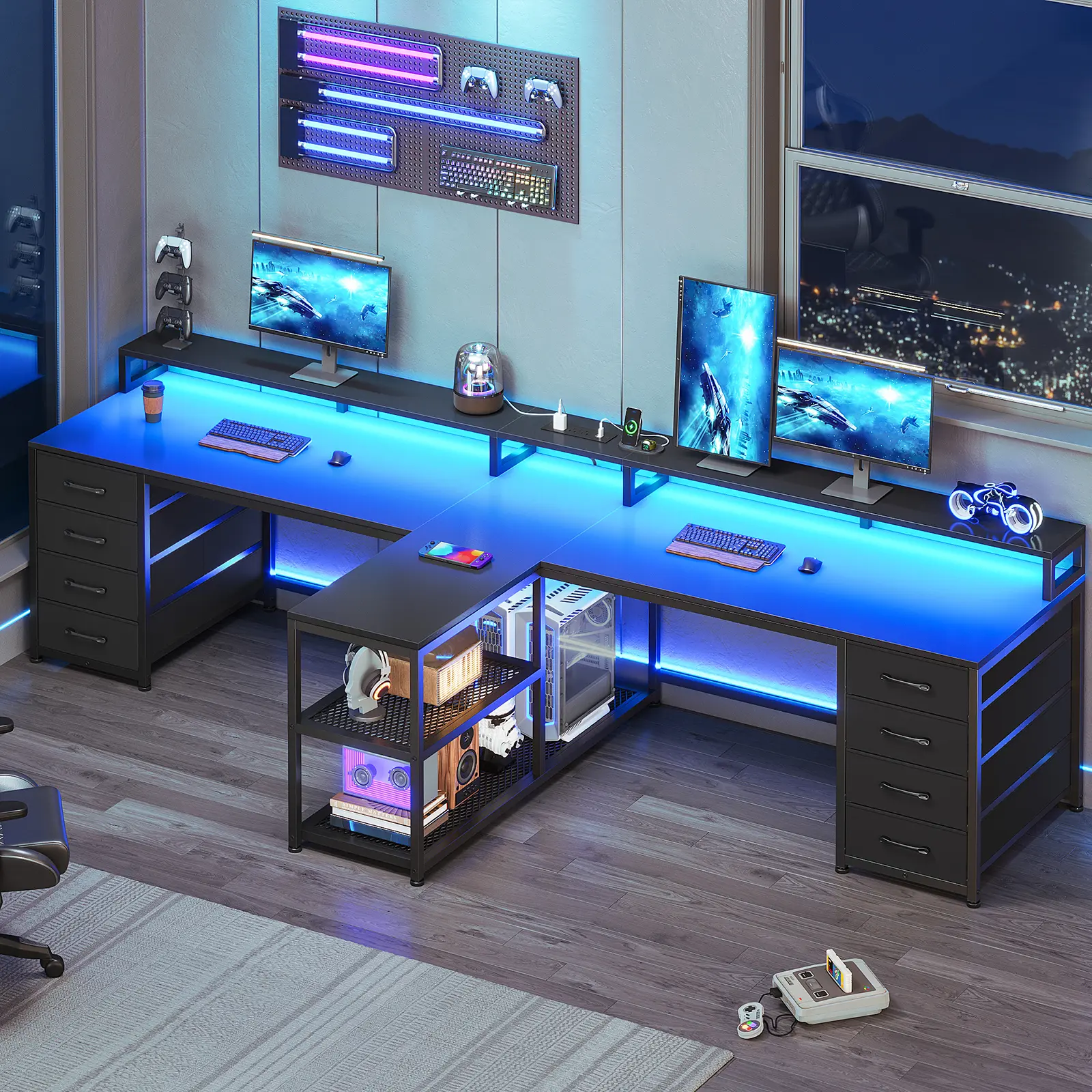 Sedeta 94.5-Inch Modern 2-Person Gaming Desk, Multi-Functional Home Office Computer Desk with LED Lighting, 8 Storage Drawers, and Power Outlet, Home Office Desk