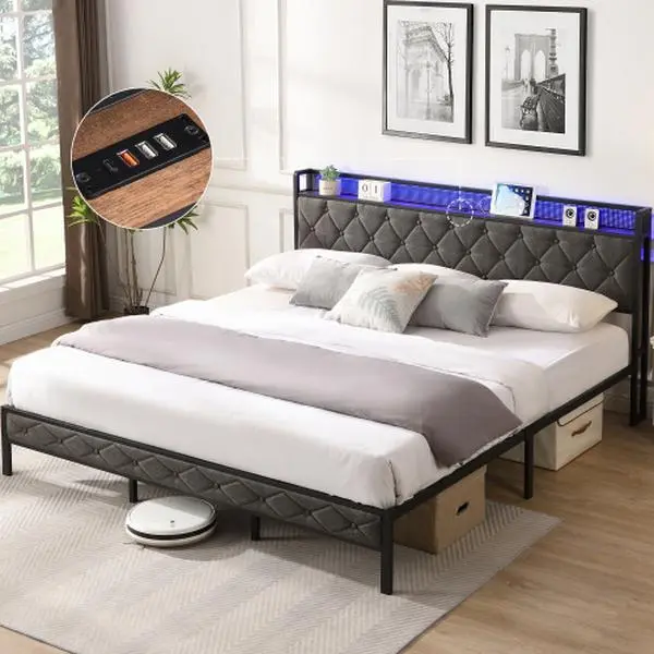 [Bellemave]Full /Queen/King Bed Frame with Storage Headboard, Charging Station and LED Lights, Upholstered Platform Bed with Heavy Metal Slats, No Box Spring Needed, Noise Free, Easy Assembly, Dark Gray