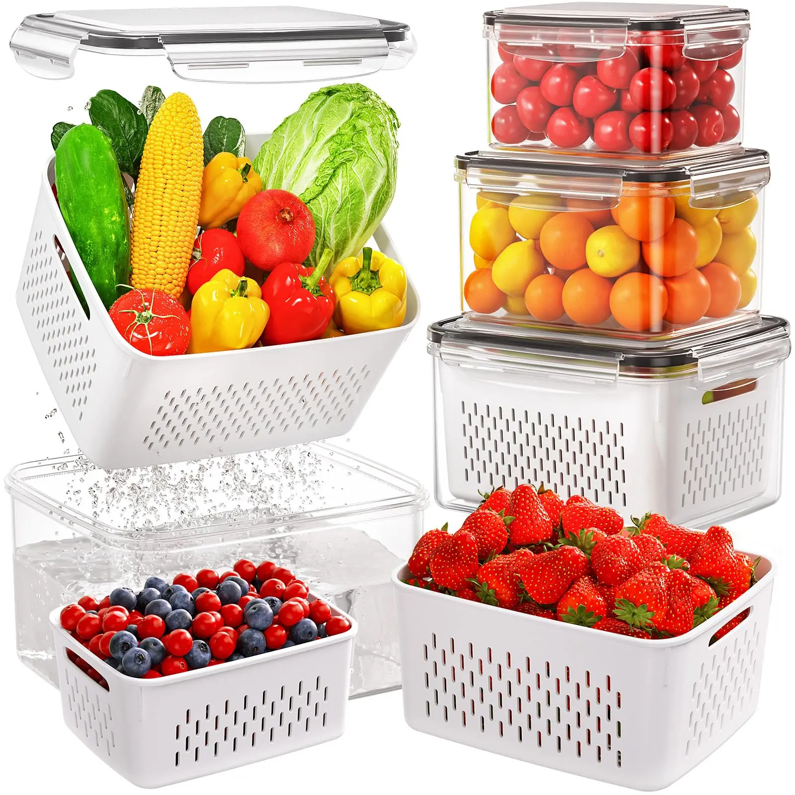 5-Pack Polypropylene Fridge Boxes, Multi-Size Nestable Refrigerator Organizer Containers with Drain Baskets, BPA-Free Food Storage for Fruits, Vegetables, Meal Prep (Home Organizer Storage Solution)
