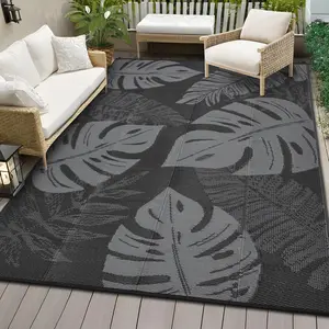 Outdoor Patio Rug 9x12 Waterproof Plastic Straw Rug Reversible UV Resistant Camping Mat, Foldable Lightweight RV Picnic Mat with Portable Bag, Modern Outdoor Carpet for Yard, Black&Grey