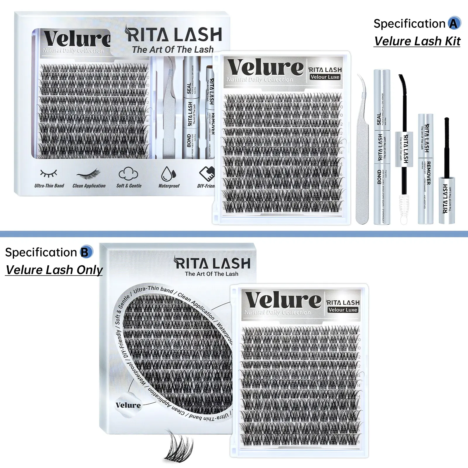 Velure, RITALASH Velour Luxe Collection U Lashes with Ultra-Dense, Waterproof, Long-Lasting Lashes, Easy DIY Eyelashes, False Eyelashes Clusters, Natural Daily, Beginner-Friendly DIY Lashes for a Look, Clusters, Eyelash Extension
