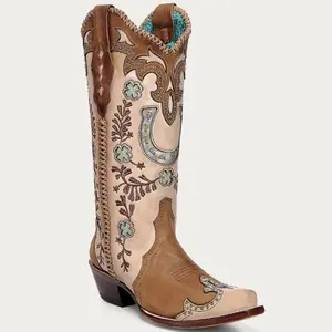 Embroidered & Studded Boots with Horseshoe Design and Blue Trim Details