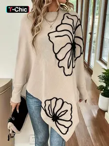 Women's Floral Pattern Asymmetrical Hem Batwing Sleeve Sweater, Casual Long Sleeve Round Neck Jumper for Fall & Winter, Fashion Ladies' Knitwear for Daily Wear