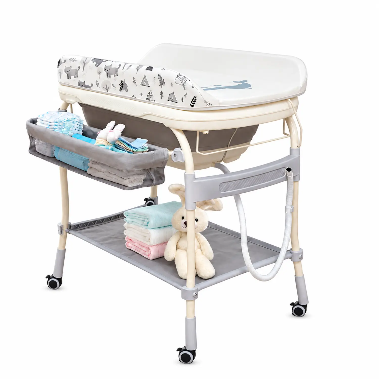 Wanan 2-In-1 Design Safety Collapsible Baby Bathtub with Changing Table - Portable Nursery Center, Steel Construction, 110 lbs Capacity, Waterproof Diaper Station, Adjustable Height Organizer with Storage Racks & Shower Holder for Newborns Toddlers,family
