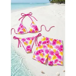 Matching Couple Swimwear Set, Pink Yellow Palm Leaf Beach Outfit, Honeymoon Swimsuit, Summer Party Set Matching Couple Swimwear Set