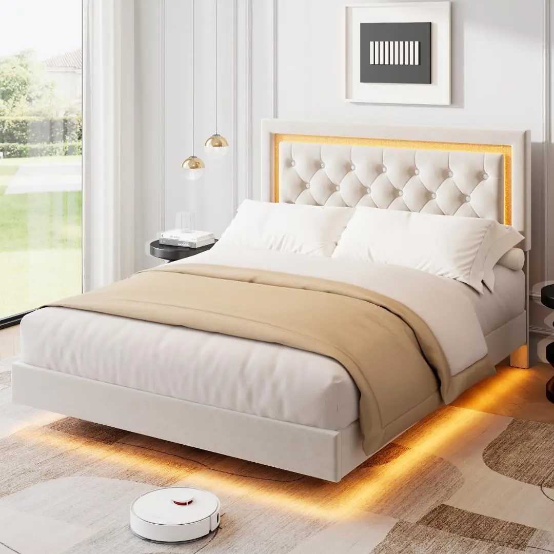 Garvee Queen Size Bed Frame - Modern Upholstered Diamond Headboard Platform with Storage Headboard, Smart LED Lighting, Sturdy Wood Slats, Noise-Free, Easy Assembly, Floating Illusion, Hidden Storage, for Modern Bedroom Luxury Interior Bed Frames, Room De
