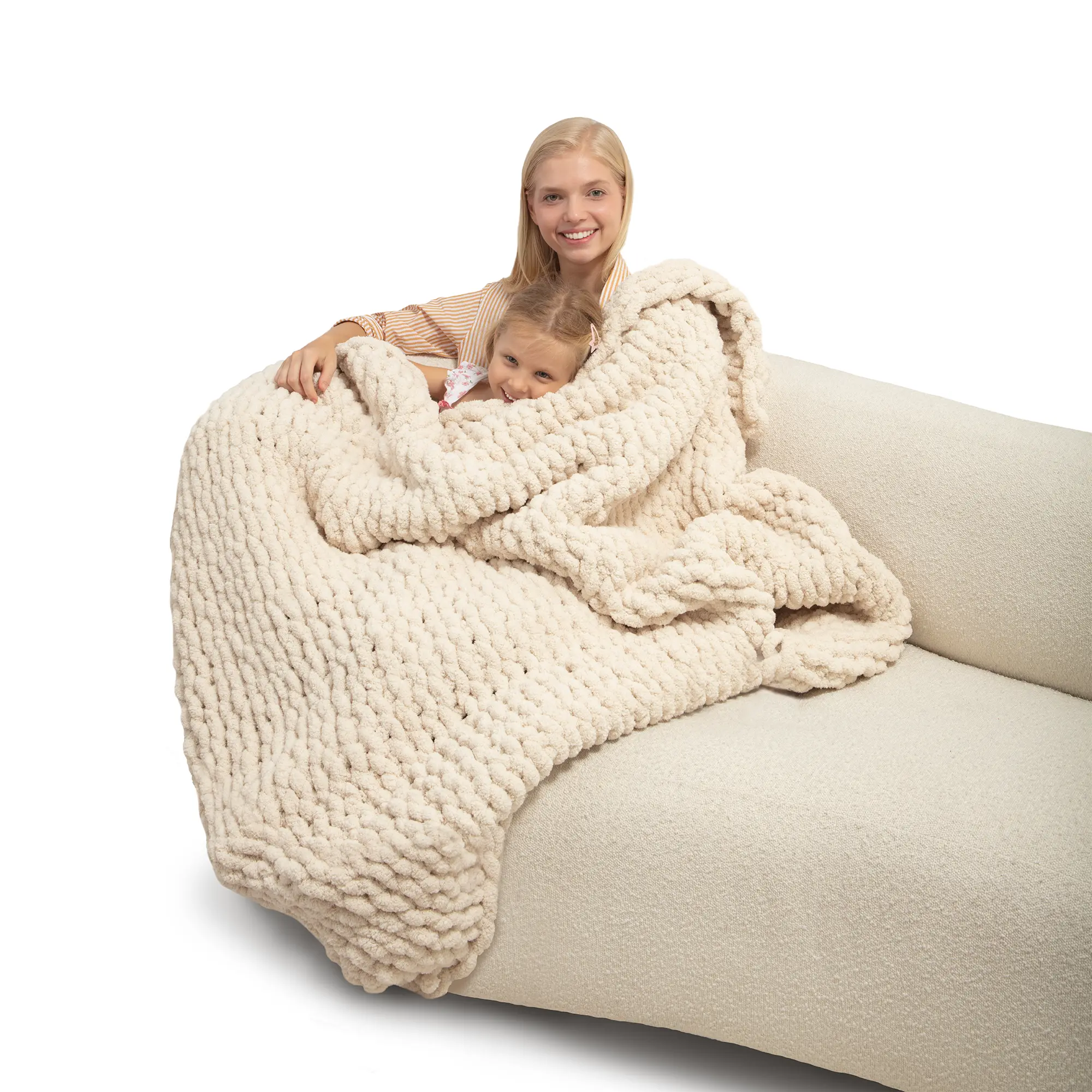 SugarSpunCozy - Chunky Knit Blanket Throw - 50 x 60 Soft Chenille Throw Blanket, Hand Knitted Blanket for Couch, Bed, Sofa, Home Decor (Cream)