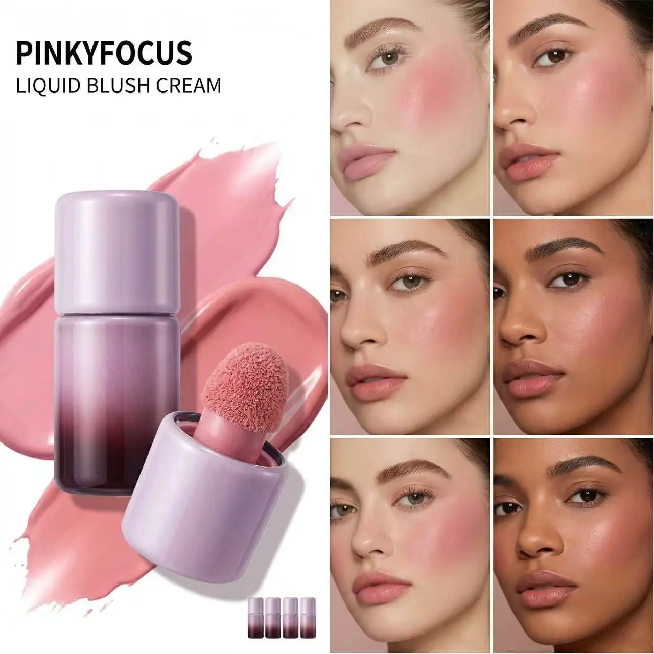 Portable liquid makeup blush with built in brush head. Hydrating, Moisturizing and sheer texture. Precisely outlines cheek contours, enhances facial complexion, and is long-lasting, waterproof, and sweatproof.