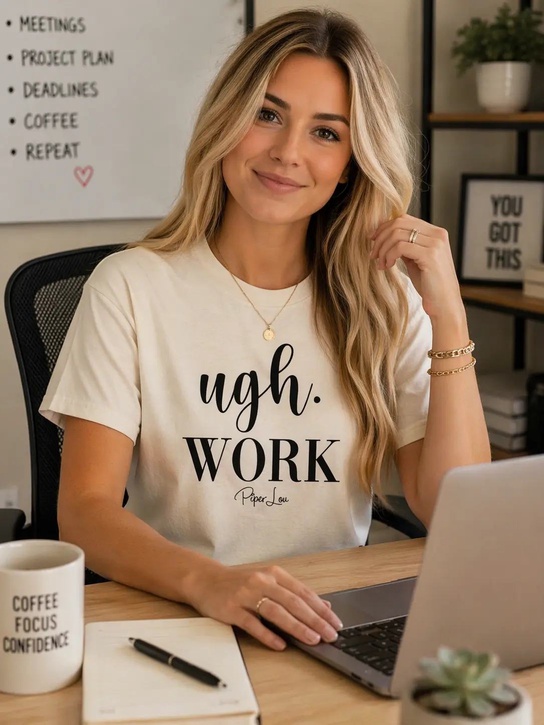 Women's Soft Classic "Ugh Work" Graphic Print Tshirt - Ring-Spun Cotton-Polyester Fabric, Short Sleeve, Round Neck, Double Stitch, Simple Fit, Casual Wear, Streetwear, Lightweight