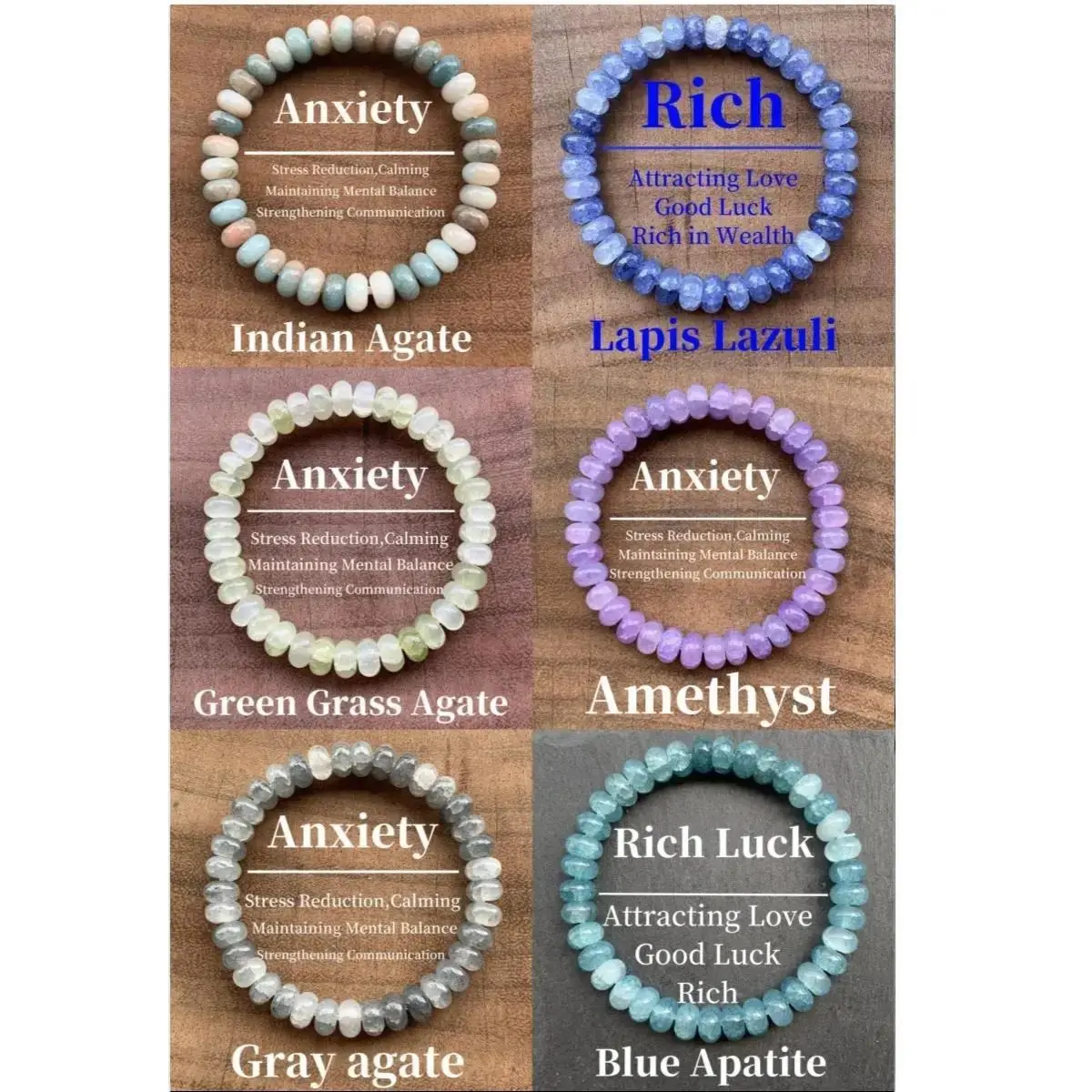 Unisex Natural Stone Beaded Bracelet - 6 Styles Crystal Jewelry with Apatite, Amethyst, Lapis Lazuli, Grass Gray Agate, Indian Green Agate for Adults, Anxiety Relief, Prosperity, Attracts Wealth, Calming Properties, Spiritual Growth, Daily Wear