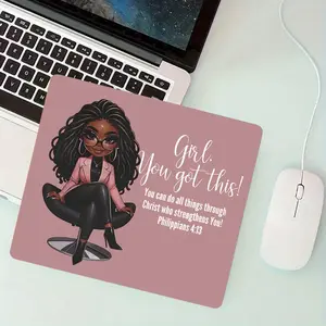 "You Got This!" Black Christian Professional Woman Small Square Mouse Pad, Anti-Slip Rubber Base with Stitched Edges, Durable Protective Desk Accessory for Work & Home Use