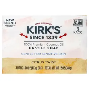 Kirk's 100% Premium Coconut Oil Castile Bar Soap, Citrus Twist, 3 Bars, 4 oz (113 g) Each