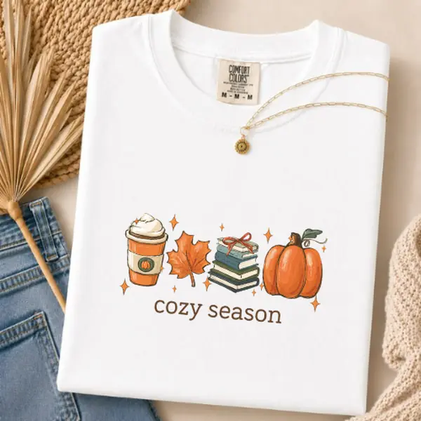Cozy Season Fall Shirt Comfort Colors, Pumpkin Spice Coffee Graphic Tee, Autumn Books T-Shirt, Cozy Autumn Shirt, Fall Aesthetic Tee, Pumpkin Lover Gift, Thanksgiving Season Shirt Cotton Top