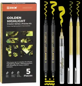 ZSCM 5-Pack Dual-Tip Opaque Acrylic Markers - Gold Acrylic Ink Pens, Fine Point Gel Pens, Brush Tip Markers for Black Paper Highlighting, Drawing, Card Making