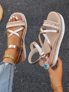 New Boho Style Women's Wedge Thick Sole Sandals, Comfortable Soft Sole Roman Beach Slide with Woven Straps, Perfect for Summer
