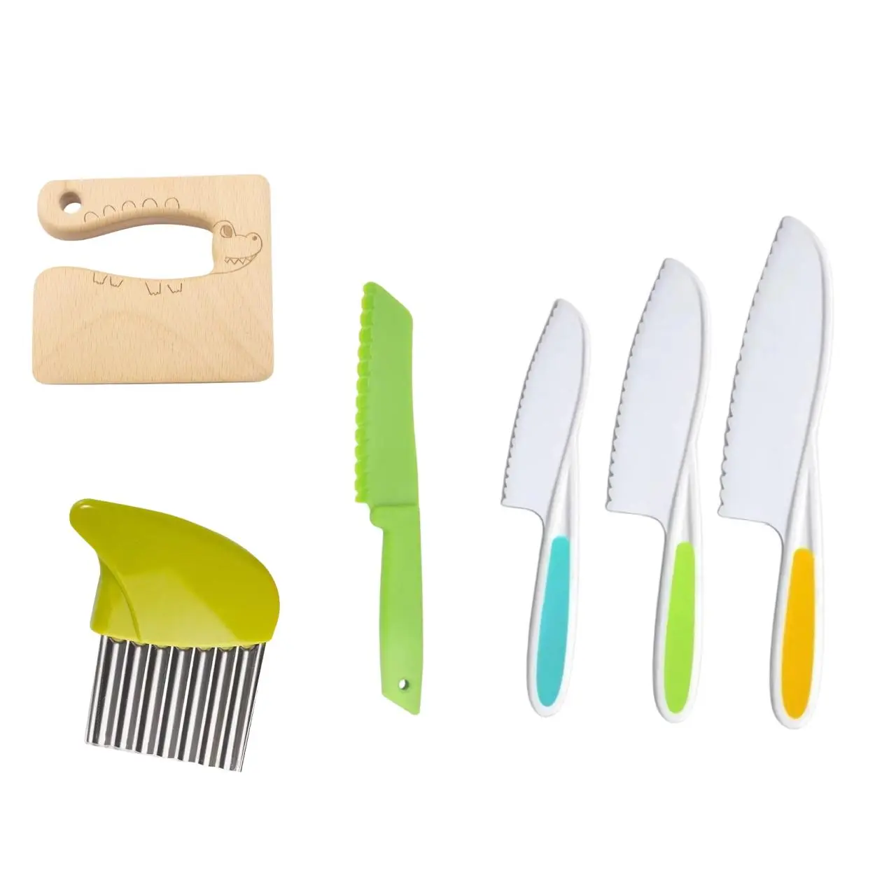 Kids Kitchen Safe Cutting Knife Set, 6counts/set Stainless Steel Kids Vegetable Fruit Bread Cake Knife Set, Crinkle Potato Cutter, Wooden Knife, Fruit & Vegetable Slicer, Kitchen Utensils