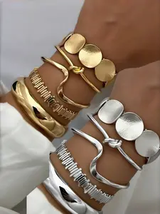 Women's Vintage Geometric Design Wide Face Metal Stackable Bracelet Set, 10/5 Pieces, Perfect for Daily Wear, Parties, Dates, Gifts, Fashionable Bangle