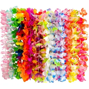 24 Pieces Hawaiian Leis Necklace Tropical Luau Hawaii Silk Flower Lei Party Favors for Adults Kids Birthday Summer Beach Wedding Favor