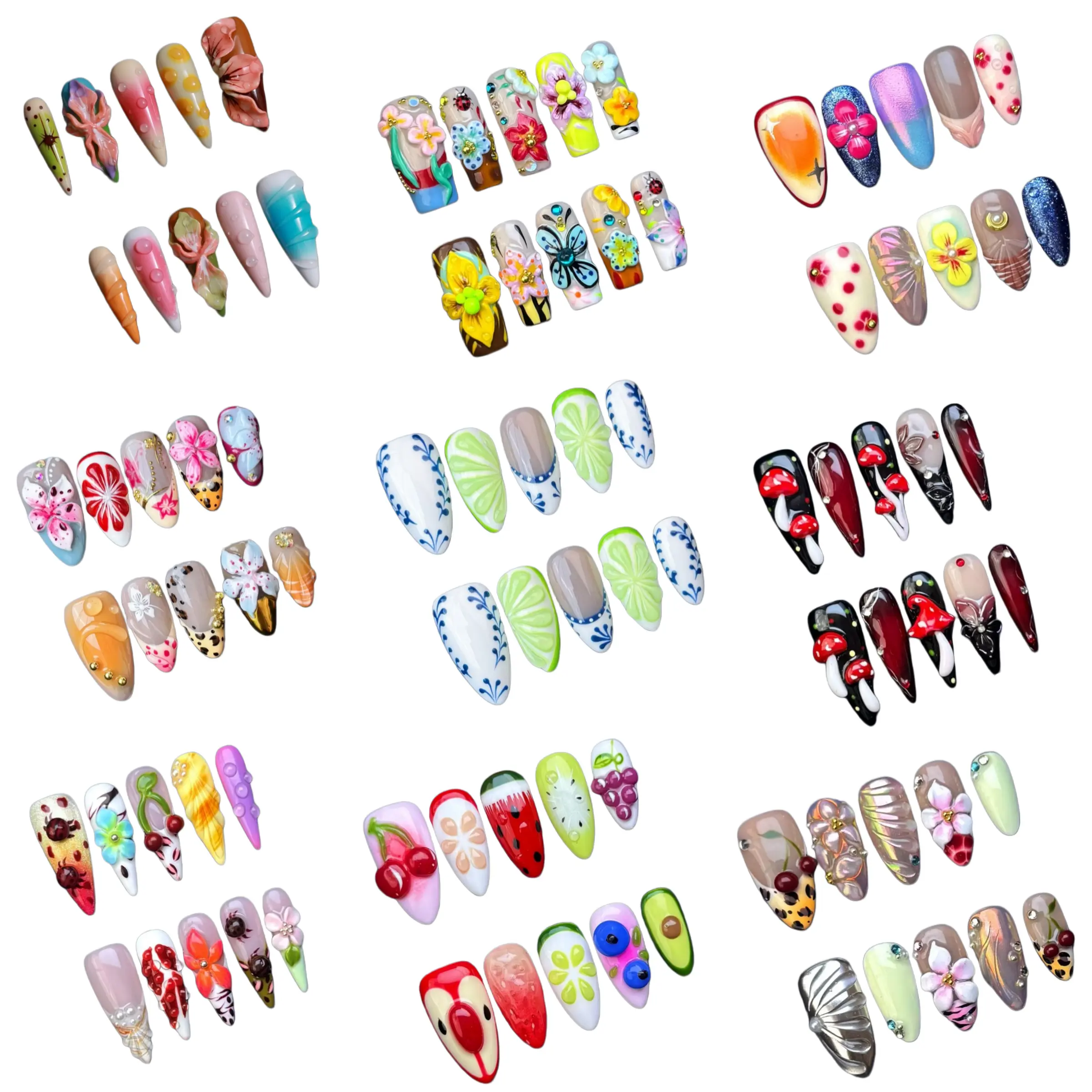 Nailrosy Flower Limited Handmade Press-On Nails - Middle Long Coffin Almond Shape, 3D Flowers, Handmade Rhinestones, Nail Art Tool, Back to School Brown DIY Decor for Wedding, Party (Pink, Green, Yellow, Purple)