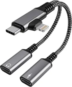 USBC Splitter 1 in 2 Out USB C Headphone and Charger Adapter - Type C & Lightning Male to Dual USB C Female Audio Dongle , PD 60W Fast  + Call, for  16 15 14 iPad Android MacBook