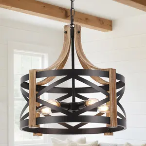 Farmhouse Chandelier for Dining Room Light Fixture, 5-Light Rustic Faux Wood Pendant Light Adjustable Chain for Living Room Bedroom Kitchen Island Foyer