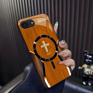 Luxury Wood Grain MagSafe phone case Carbon Fiber Texture Golden Cross Emblem for [iPhone 16e] 952