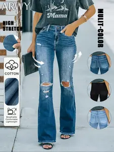 Women's Solid Color Ripped Pocket Casual Versatile Flare Leg Button Fit Jeans, Comfortable Denim Jeans for Everyday Wear, Fashionable Ladies' Clothing, Pants
